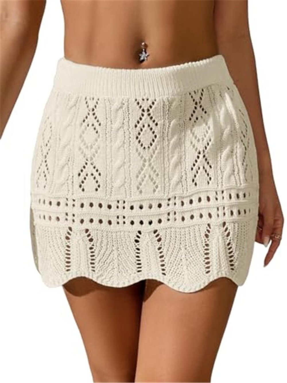 Verdusa White Hollow Out Knit Mini Beach Cover Up Skirt Scalloped Hem